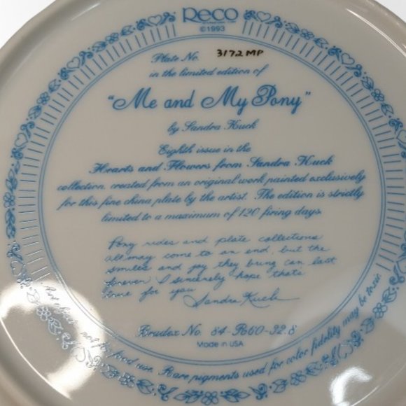 Sandra Kuck Collectors Plate - "Me and My Pony" - Hearts and Flowers - Picture 2 of 2